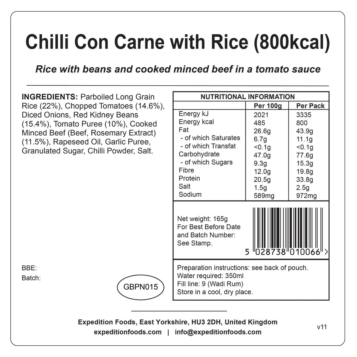 Expedition Foods Chilli Con Carne With Rice