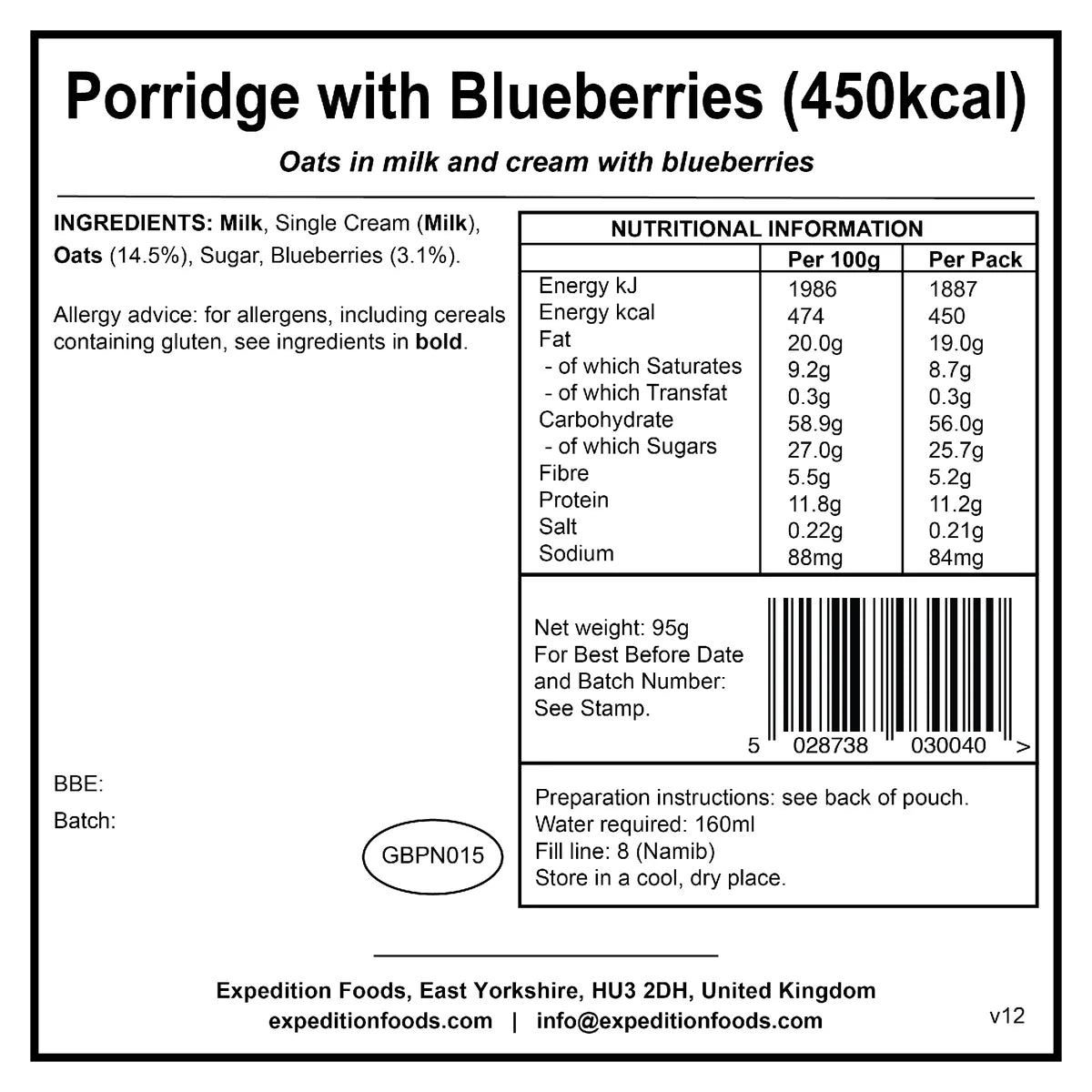 Expedition Foods Porridge With Blueberries