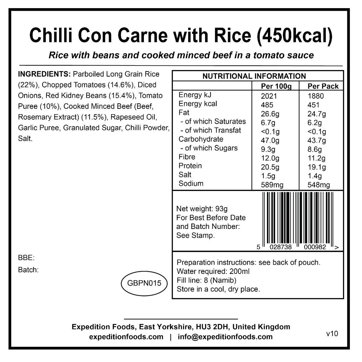Expedition Foods Chilli Con Carne With Rice