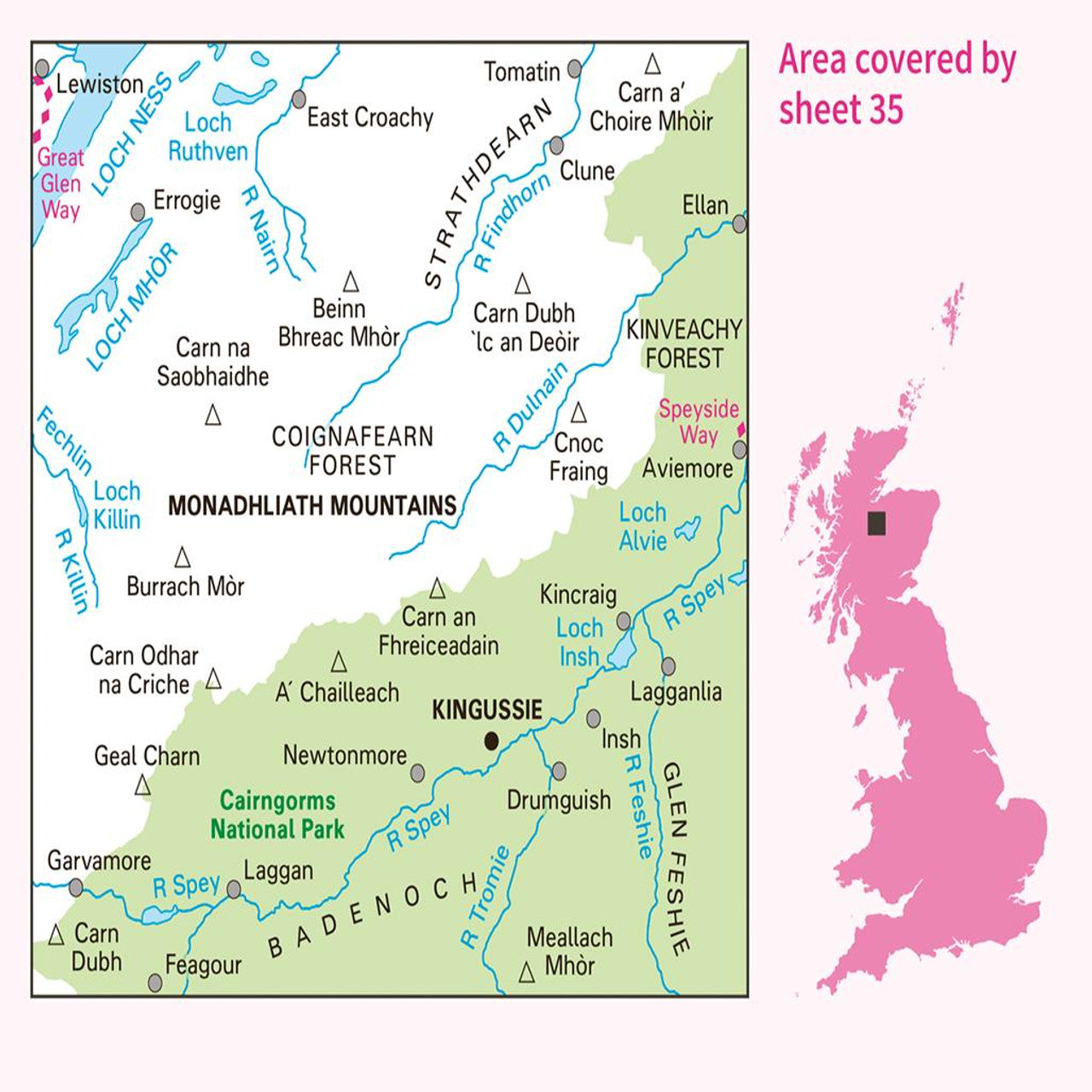 OS Map of Kingussie & Monadhliath Mountains: Landranger 35