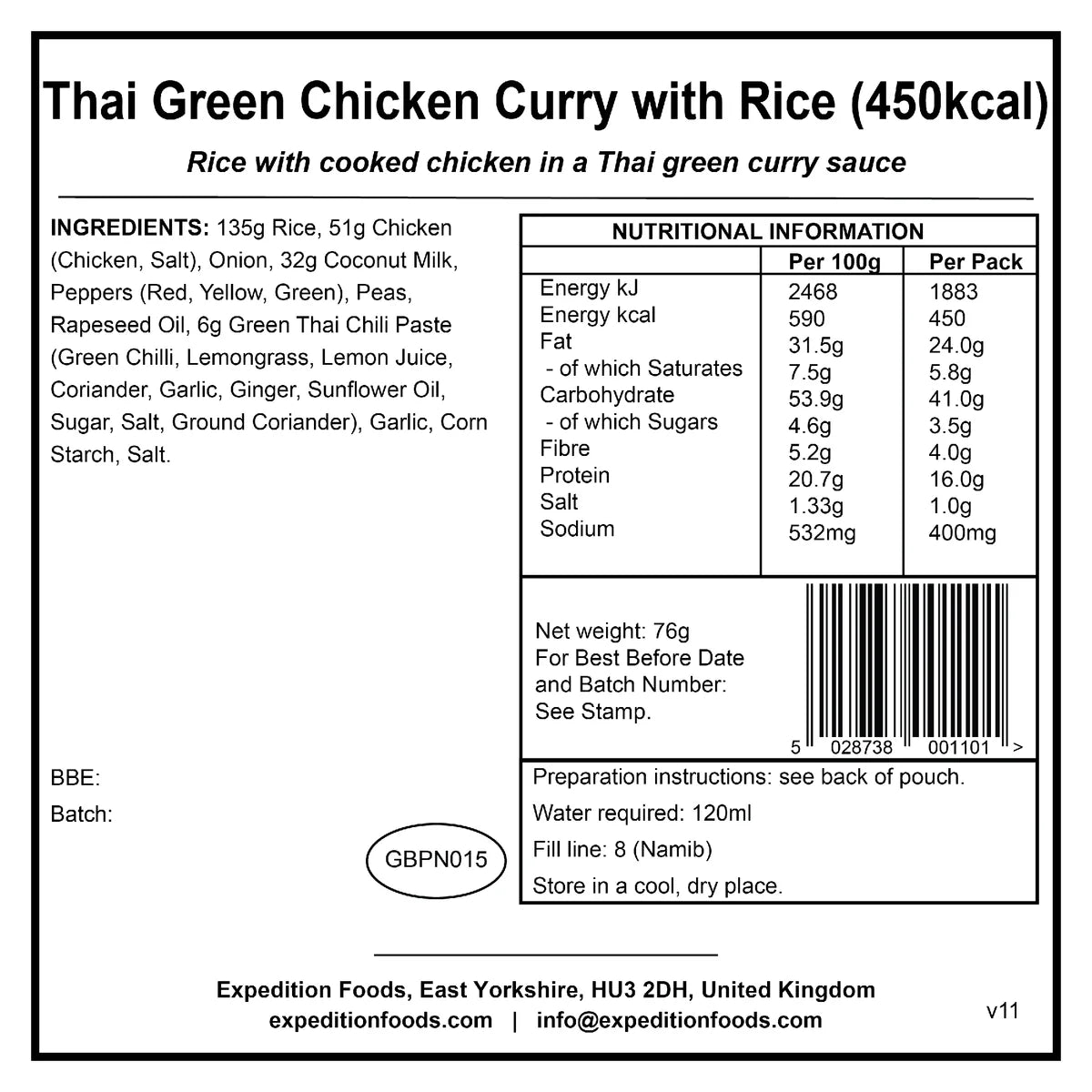 Expedition Foods Thai Green Chicken Curry with Rice