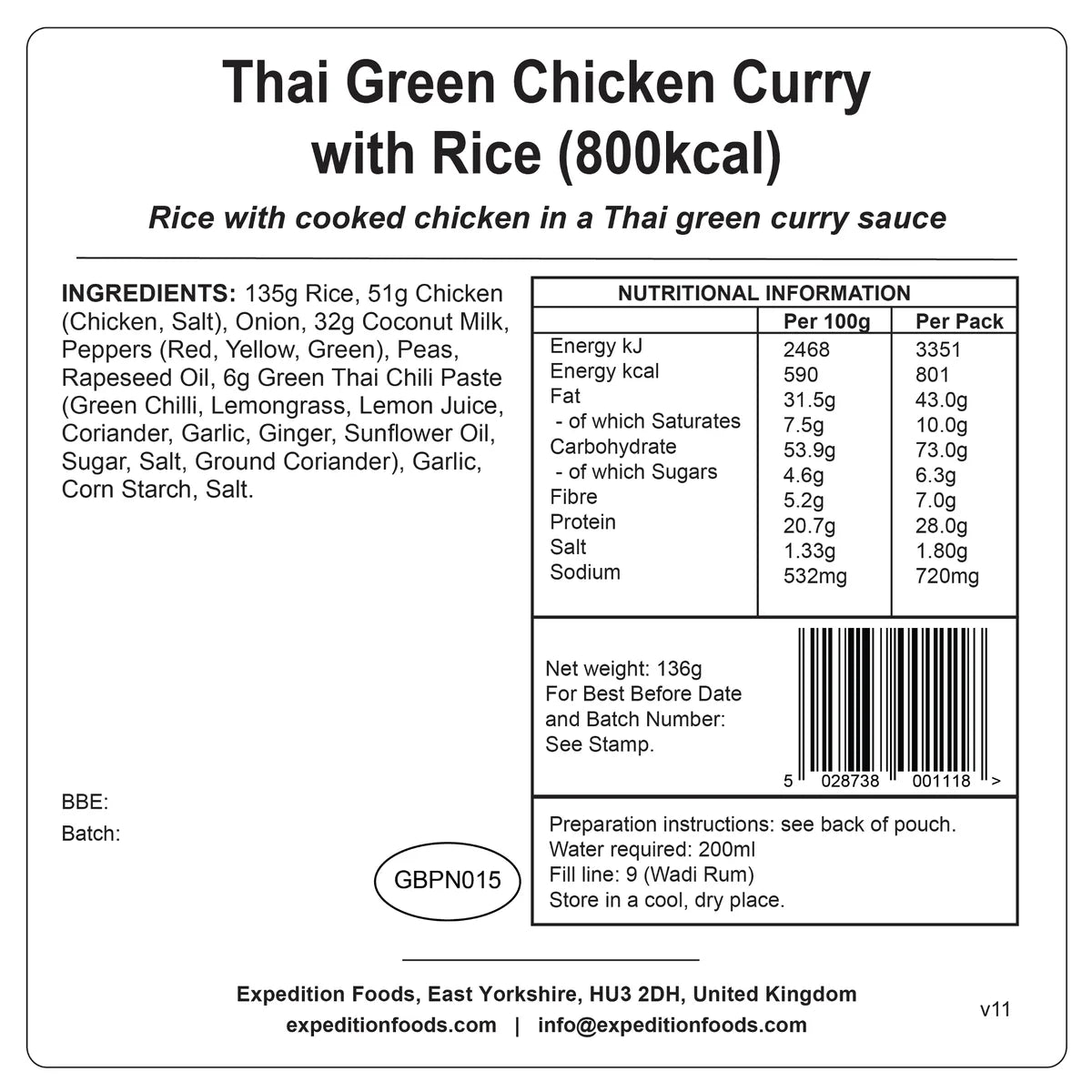Expedition Foods Thai Green Chicken Curry with Rice